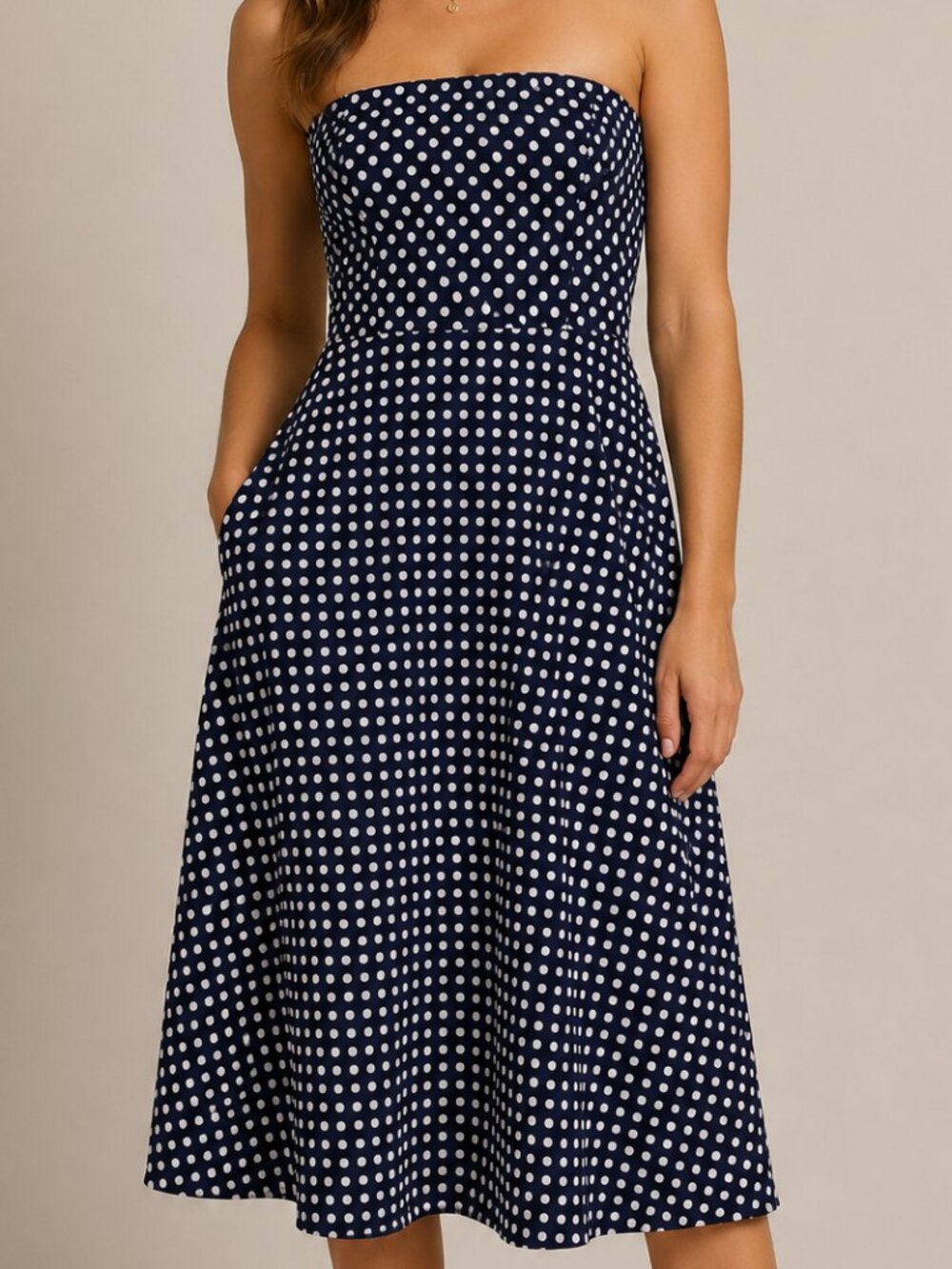 J Crew | Navy Blue Dot Strapless Lined Midi Dress 10
